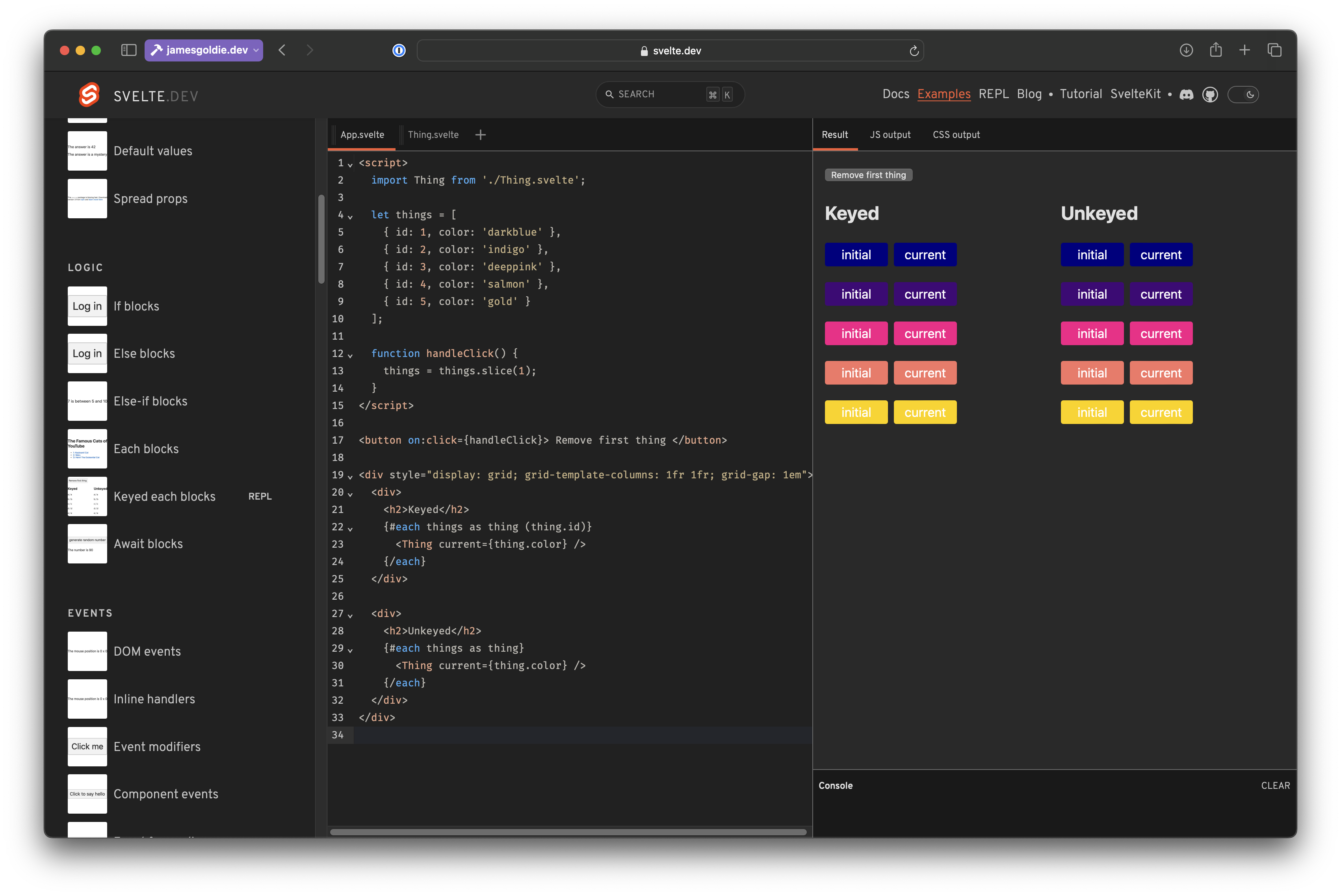 Screenshot of Svelte.dev browser sandbox